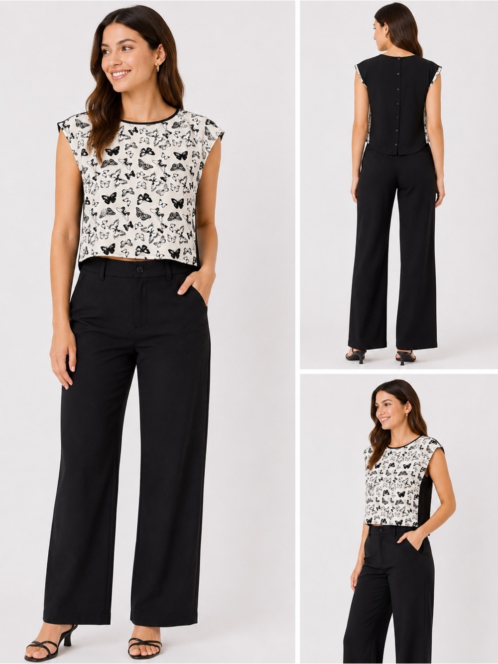 H&M Divided Butterfly Print Button Back Crop Top Blouse Size 6
